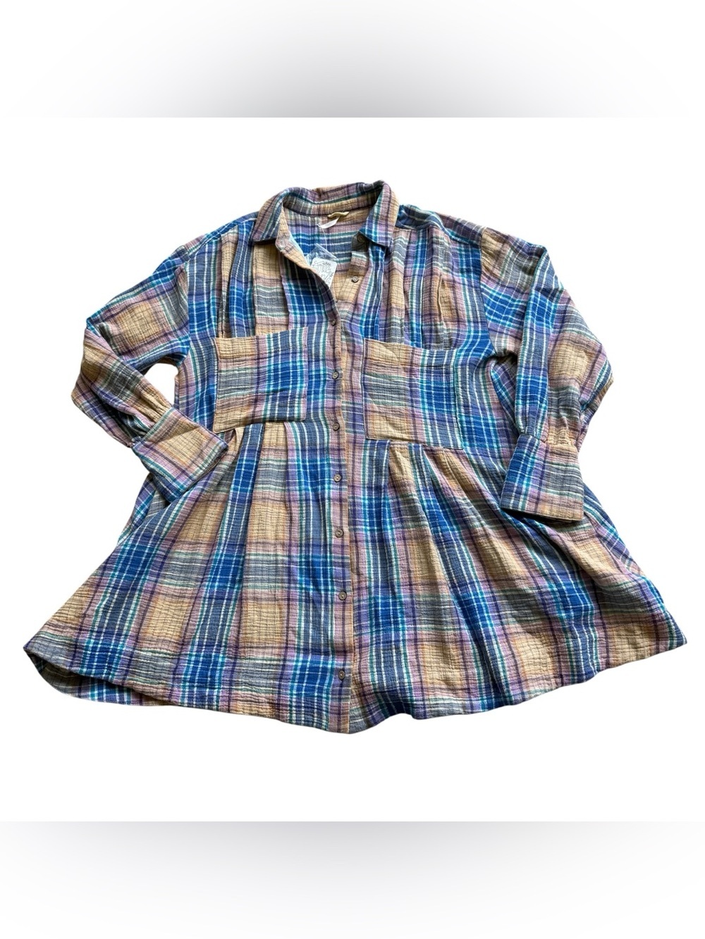 Free People Plaid Gauze Babydoll Shirt Dress NWT Cottagecore Oversized XS Summer
